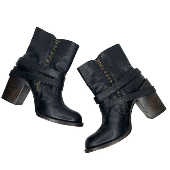 Free Bird by Steven Black Leather Bama Ankle Bootie Heels Boots Buckle Zippers 8 - Picture 4 of 12